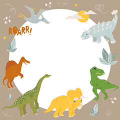 Vector dinosaur border or frame with Ankylosaurus, T Rex, Spinosaurus, Pterodactyl, Triceratops, Stegosaurus and Brachiosaurus. Can be used for packaging, labels, card, banner, invitations prints.
