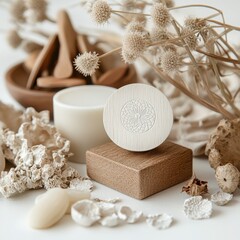 Natural skincare products arranged aesthetically with wooden and dried floral elements.