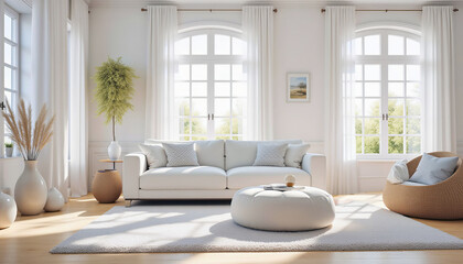 Bright and airy living room with a modern white sofa and elegant decor under a warm, natural light-filled ambiance.