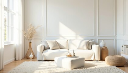 Bright modern living room with white sofa, minimalist decor, and natural light streaming through large windows creating a serene and inviting ambiance.
