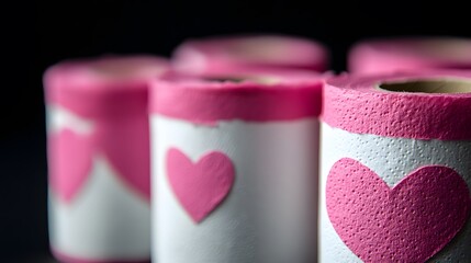 A stack of white toilet paper rolls with pink hearts on them, against a black background, in the style of a stock photo