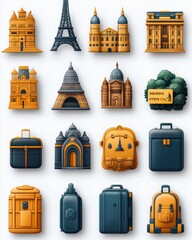 A set of various random travel icons in full detail, isolated on a transparent background The collection includes a variety of suitcases, landmarks, and tickets, each with vivid colors and textures 