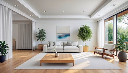 Obraz premium Modern living room with minimalist design, featuring a neutral color palette, indoor plants, and natural light from large windows.