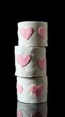 A stack of white toilet paper rolls with pink hearts on them, against a black background, in the style of a stock photo