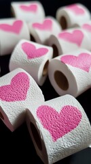 A stack of white toilet paper rolls with pink hearts on them, against a black background, in the style of a stock photo
