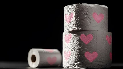 A stack of white toilet paper rolls with pink hearts on them, against a black background, in the style of a stock photo