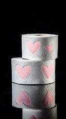 A stack of white toilet paper rolls with pink hearts on them, against a black background, in the style of a stock photo