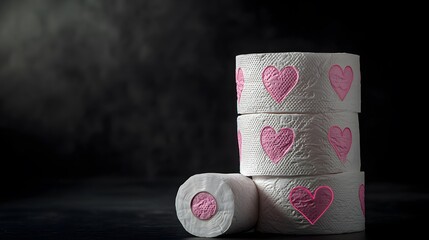 A stack of white toilet paper rolls with pink hearts on them, against a black background, in the style of a stock photo