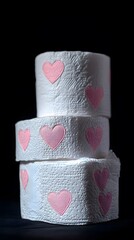 A stack of white toilet paper rolls with pink hearts on them, against a black background, in the style of a stock photo