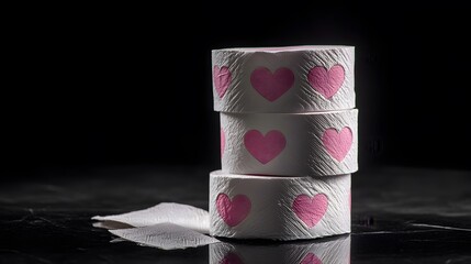 A stack of white toilet paper rolls with pink hearts on them, against a black background, in the style of a stock photo