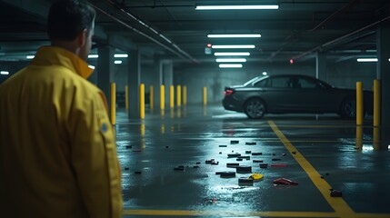 Dimly Lit Cinematic Crime Scene Inside a Parking Garage with Mysterious Objects Scattered on the Wet Floor and a Car in the Background