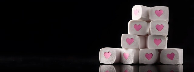 A stack of white toilet paper rolls with pink hearts on them, against a black background, in the style of a stock photo