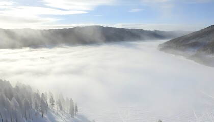 Snowy Mountain Scene with Cloud and Fog at High Altitude.