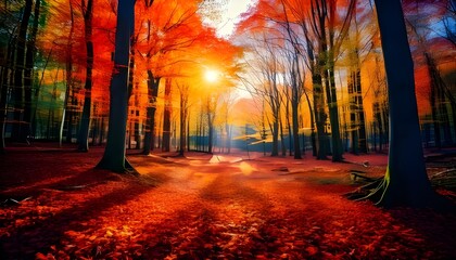 Fototapeta premium Eternal autumn forest surrounded by colorful foliage, a colorful nice illustration picture with the beauty of nature.