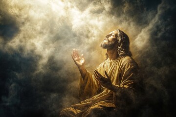 Obraz premium Jesus prays against a cloudy sky, light shines through the clouds