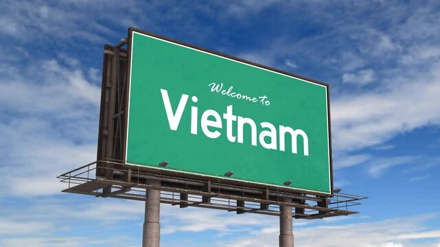 Welcome To Vietnam Road Sign. Airplane Landing Vietnam.