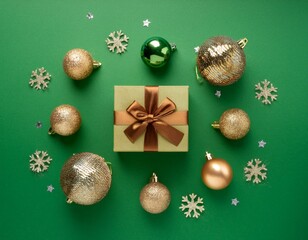gift and decorations on green background