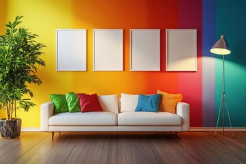 mockup empty frames, place for pictures on the wall in a beautiful decorated modern room, bright saturated colors