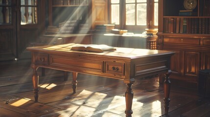 Sunlit Vintage Library Workspace with Antique Wooden Desk Bookshelves and Old Books   Academic Education and Study Concept