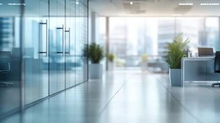 Sophisticated Office Panorama with Glass Reflections and Blurred Background