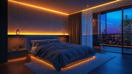 Luxurious circadian lighting in bedroom transitions from cool to warm