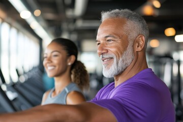 Fototapeta premium A cheerful older man exercises with enthusiasm alongside a smiling woman, reflecting the joy of staying active and healthy in a supportive gym atmosphere.