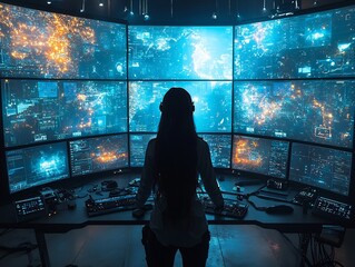 Silhouetted figure surrounded by glowing holographic screens in a futuristic virtual workspace