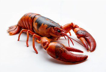 A bright red crayfish rests on white background.