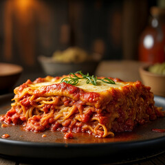 Delicious cheesy lasagna sits on rustic wooden plate.