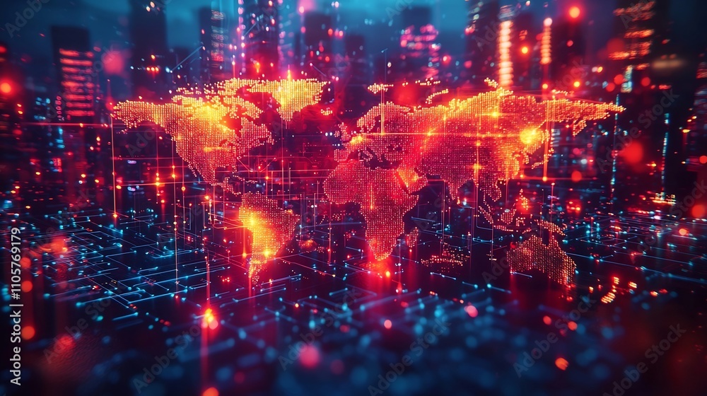 Poster glowing digital world map with interconnected data streams and wi fi signals symbolizing global comm