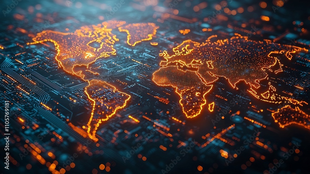 Poster glowing digital world map with interconnected data streams and wi fi signals symbolizing global comm
