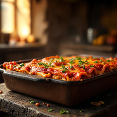 Delicious cheesy lasagna sits on rustic wooden plate.