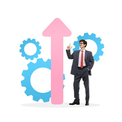 Confident businessman with pink upward arrow and blue gears in background, signifying optimization and efficiency in business operations. Conceptual design. Concept of business, kpi, strategy
