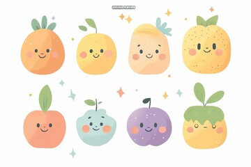 Smiling fruit characters, pastel colors, whimsical design.