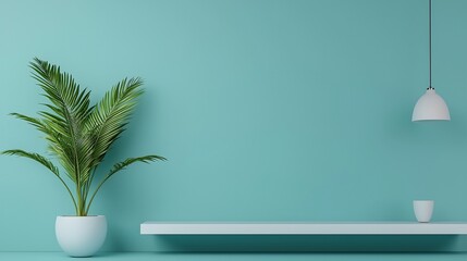 Fototapeta premium Minimalist teal room with plant and shelf. Empty space for product display.