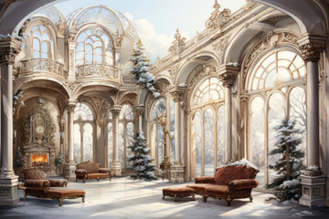 Obraz premium a luxurious light hall with high arched windows, decorated with carved elements and columns. 