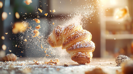 Crispy croissant explosion bakery kitchen food photography bright environment close-up view ai generated culinary delight