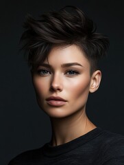 Fototapeta premium portrait of a young woman with a fashionable hairstyle on a dark background, hair salon advertising