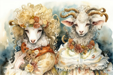 two characters with the head of a sheep and a goat, dressed in elegant baroque costumes.  