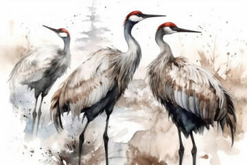 Obraz premium three cranes, made in watercolor technique. The birds stand on long legs, their bodies are covered with feathers of various shades of gray and white. 