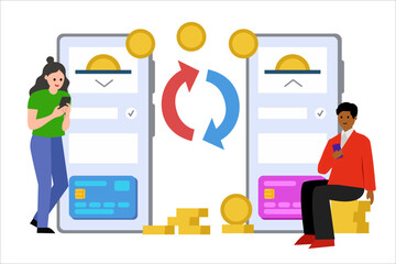 Electronic money transfer from a bank account. Girl and a dark-skinned guy with phones. Vector simple color flat illustration.