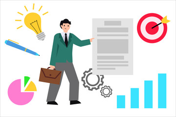 Businessman with document and ideas. Vector simple color flat illustration.