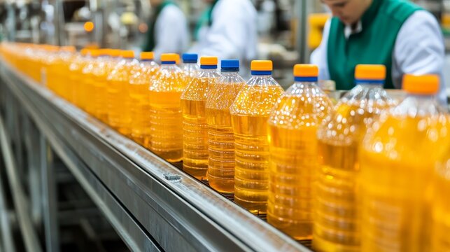 Bottles filled with orange liquid on a production line in a factory setting.