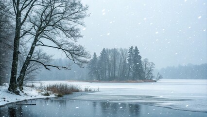A tranquil frozen lake with a few hardy trees and some scattered snowflakes in the air, frosty landscape, frozen lake
