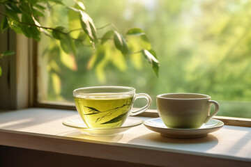 Fototapeta premium A close up of cup of green tea resting on a windowsill on serene morning scene, perfect for a relaxing start to the day.