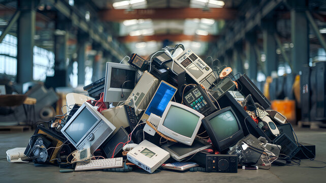 Electronic waste pile of discarded computer monitors, keyboards, and other electronic devices, symbolizing the growing issue of e-waste and the need for sustainable technology solutions.