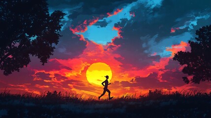 Obraz premium Silhouetted Runner Jogging Towards Dramatic Sunset Sky