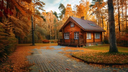 A lovely brick-yarded wooden home in the middle of an orange-hued fall forest, Generative AI.
