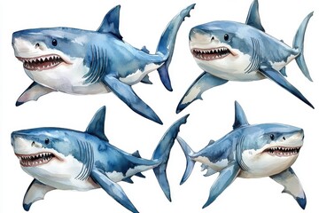 Obraz premium Illustrations of various shark species showcasing their features and expressions.