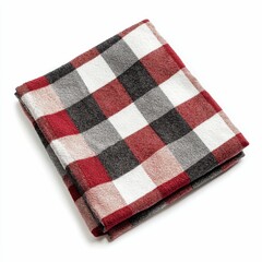 Folded plaid fabric, red, black, white.
